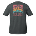 Dark gray t-shirt with a mountain graphic and 'Find Your Adventure' text on the back against a white background.