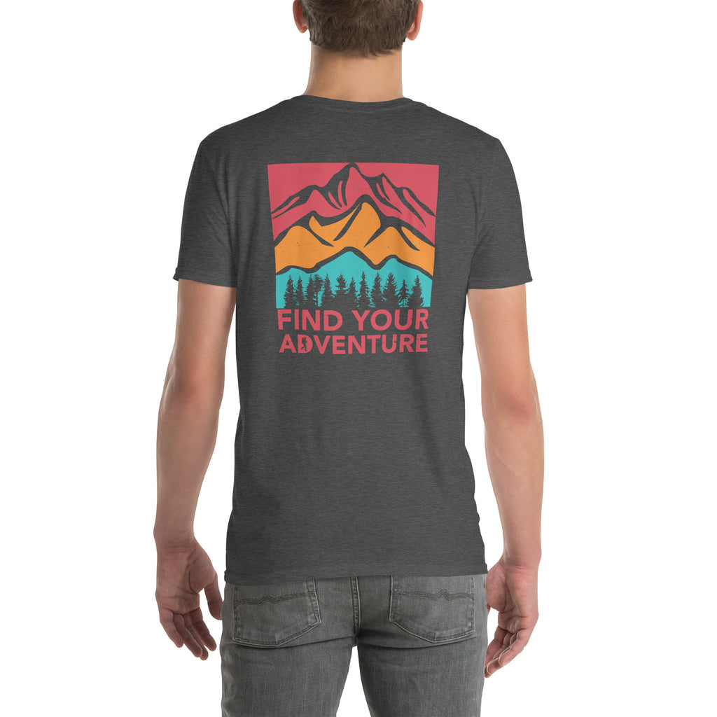 Product mockupDark gray t-shirt with a mountain graphic and 'Find Your Adventure' text on the back against a white background.