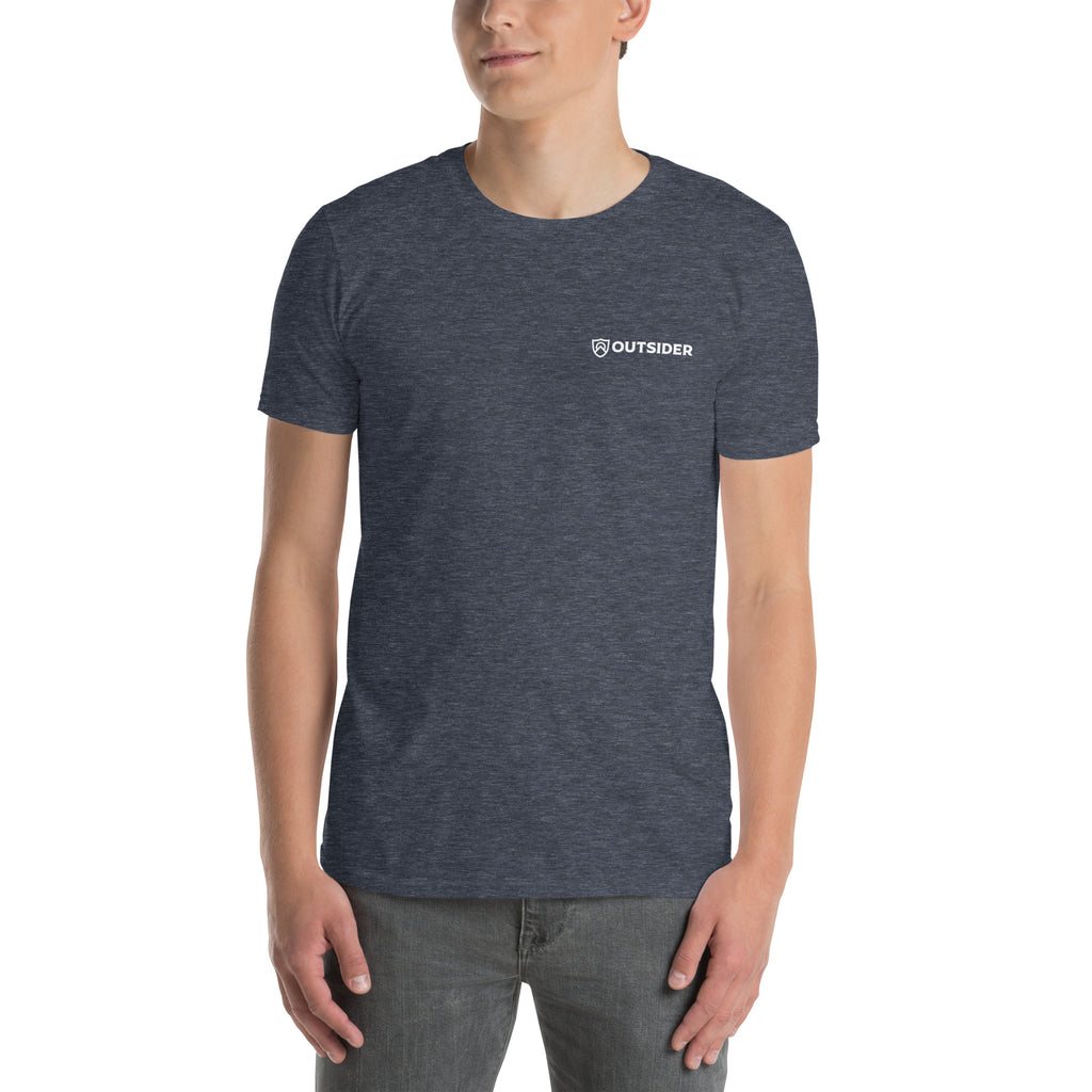 Dark navy blue t-shirt with an Outsider text and logo on the front against a white background.