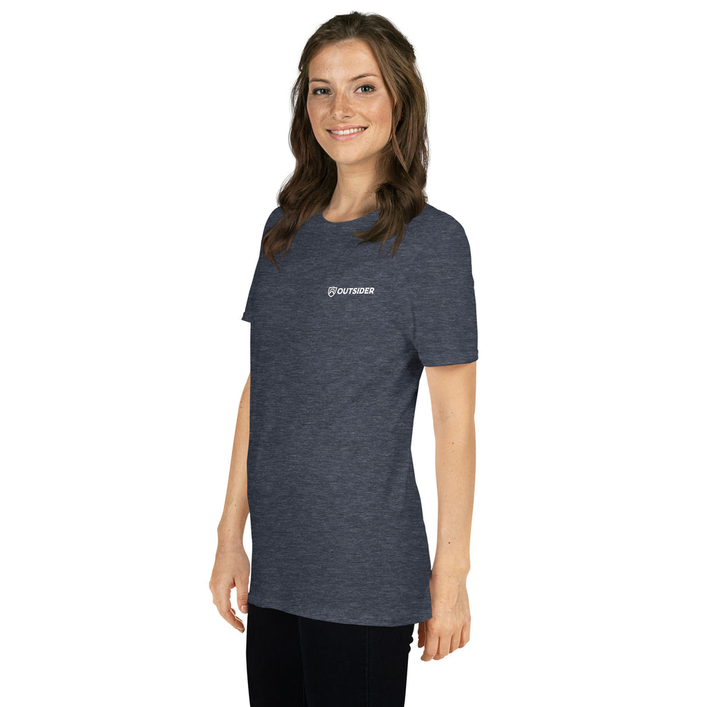 Woman wearing a dark blue t-shirt with an Outsider logo on a white background